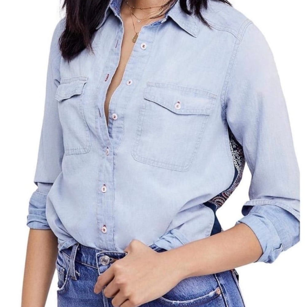 Free People NWOT Womens Paisley Star Embroidered Button Down Denim Shirt Medium